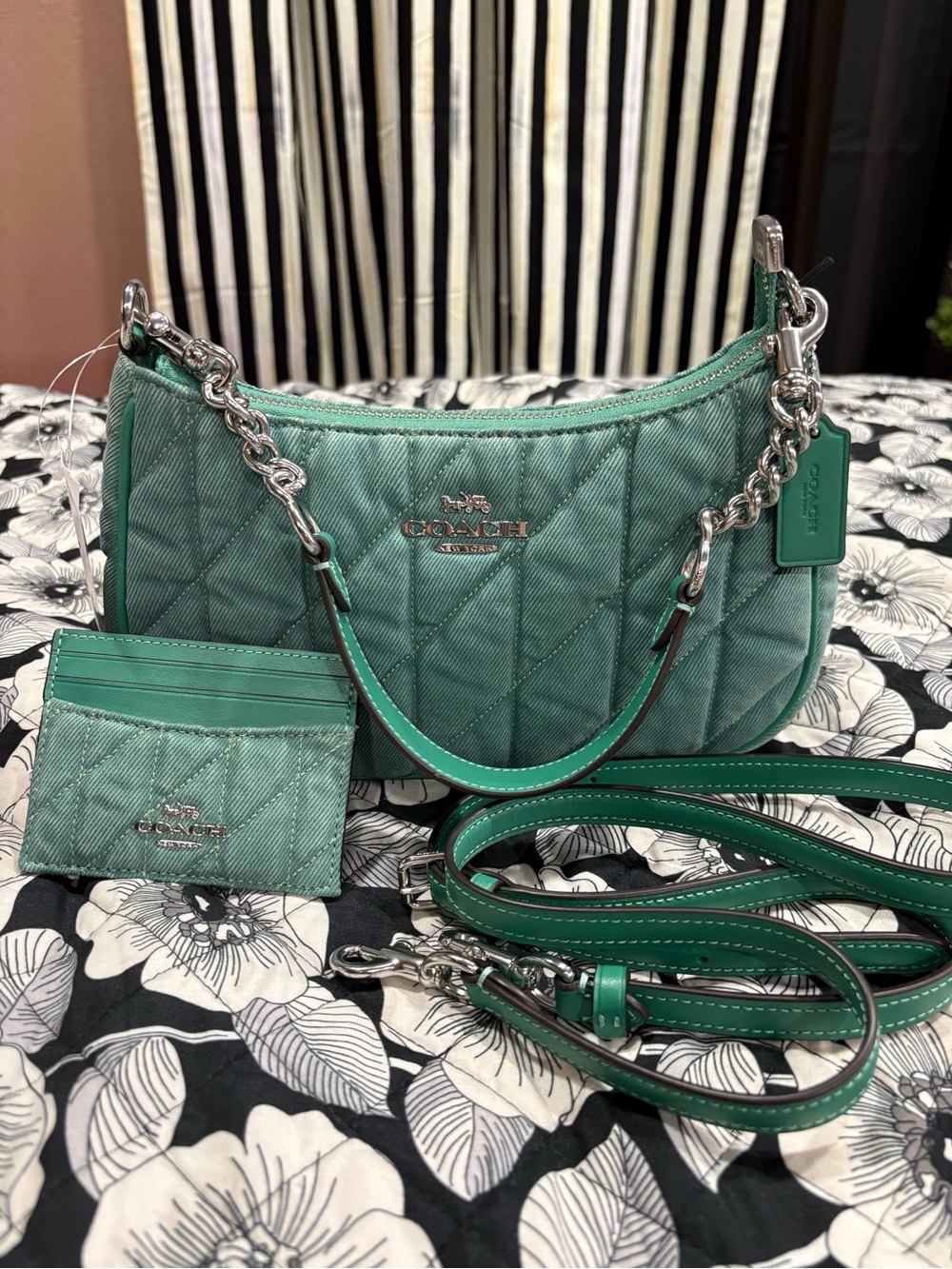 Coach Quilted Teal Shoulder Bag with Matching Card Case